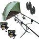 Full Carp Fishing Set + Day Shelter Rods Reels Alarms With Bivvy Tent Shelter